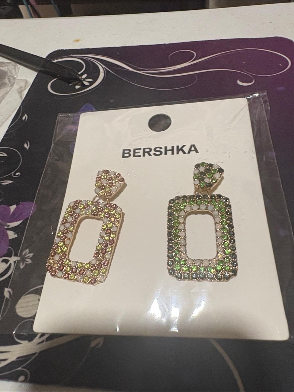 Bershka Sparkling Rectangle Drop Earrings in Pink and Green